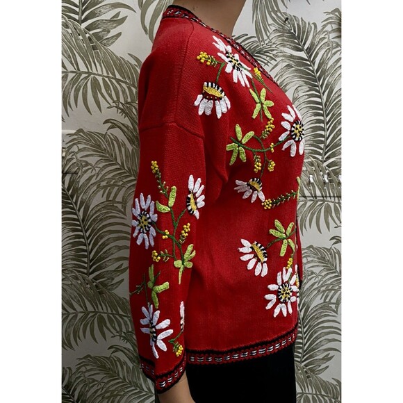 Design Option Philip Jane Gordon Vtg  L Daisy Beaded Cardigan Ribbon Floral 3D - Picture 10 of 16